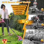 Pink wheeled grass trimmer: operator using trimmer and comparison artwork.