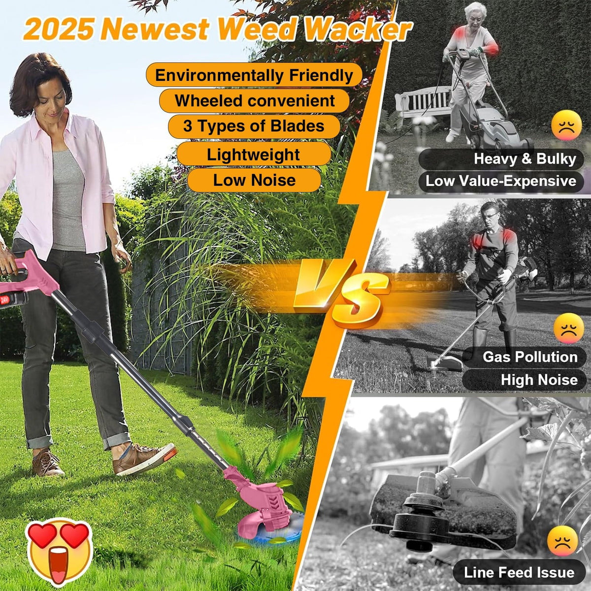 Pink cordless trimmer: operator using trimmer and comparison artwork.