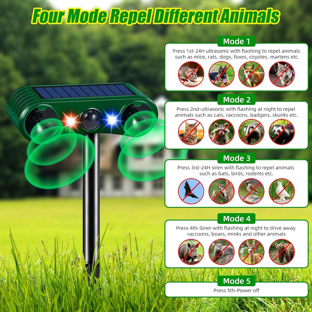 Solar animal repeller led: four operating modes.
