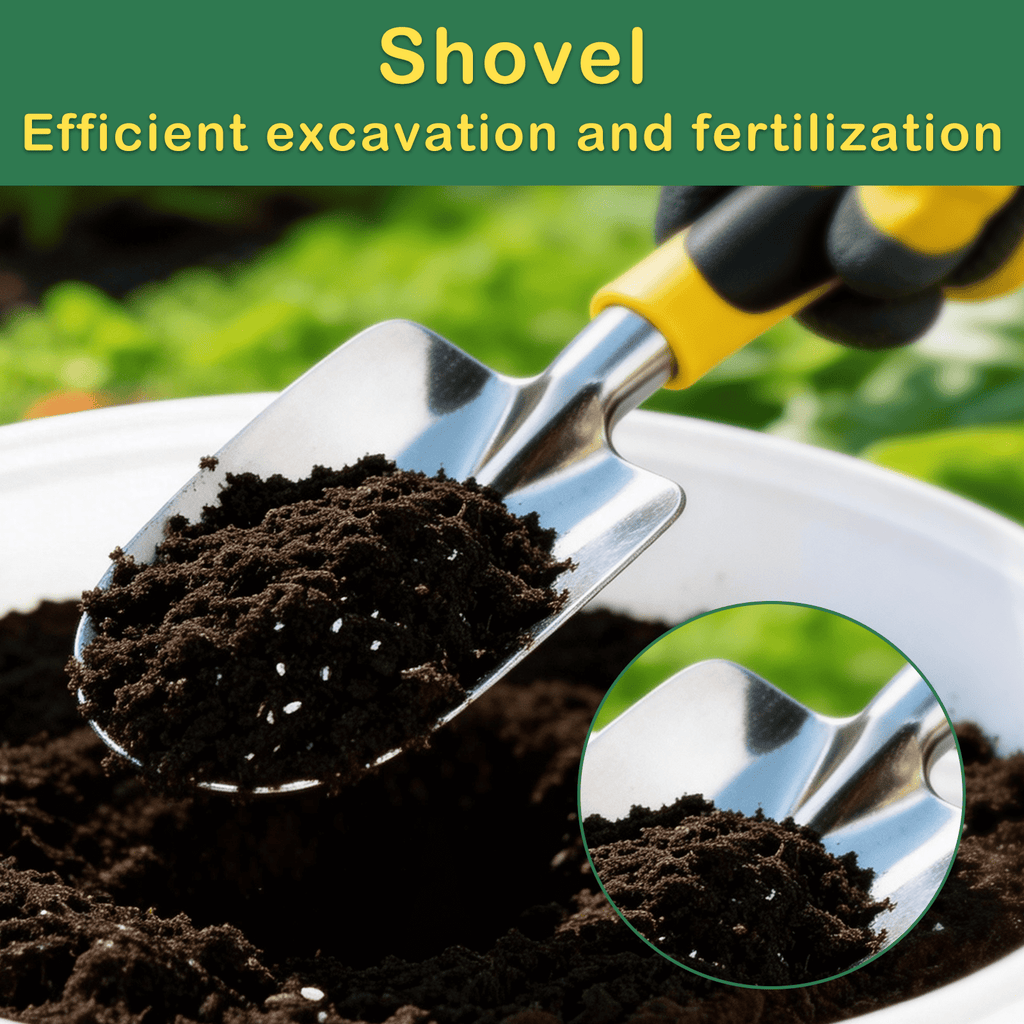 Garden tool set with bag: hand trowel holding soil.