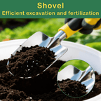 Garden tool set with bag: hand trowel holding soil.