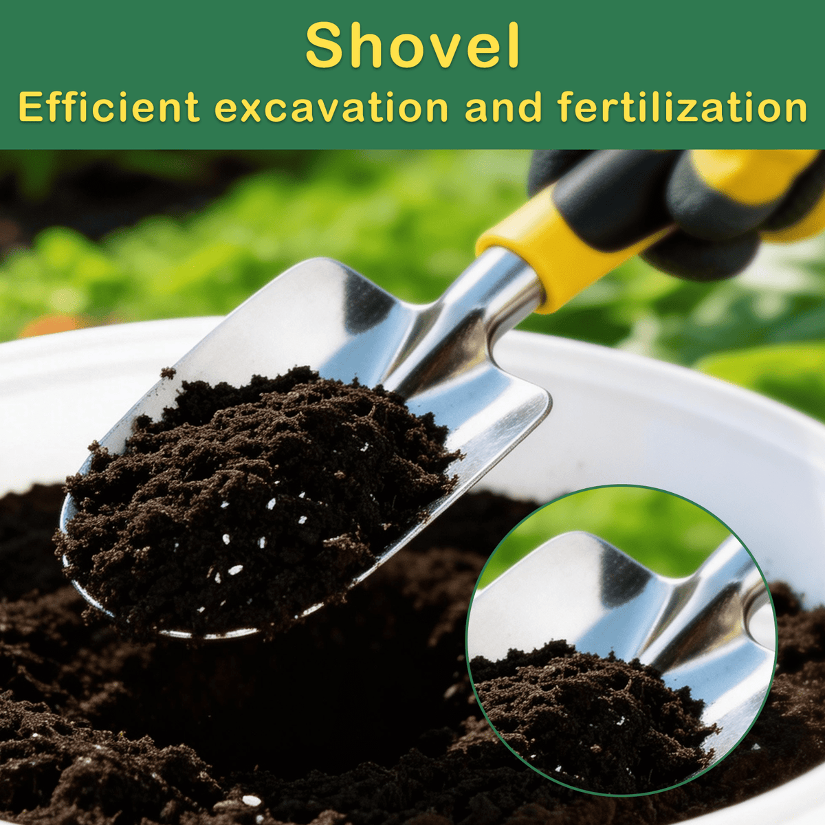 Garden tool set with bag: hand trowel holding soil.