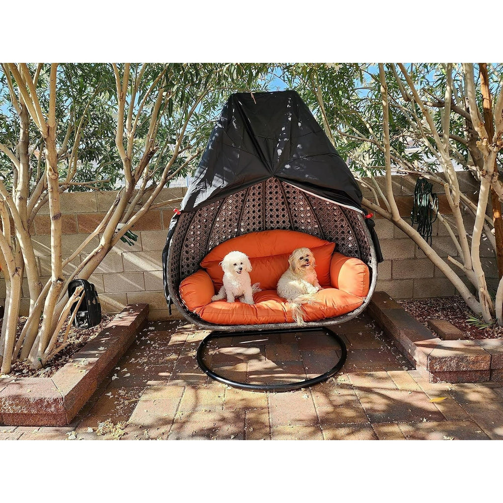 Double egg chair cover: open-front covered double chair outdoors.