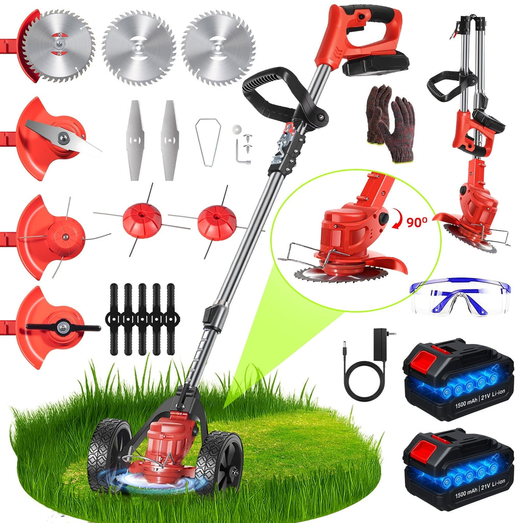 Cordless brush cutter with wheels: red wheeled trimmer batteries and blades.
