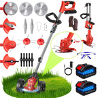 Cordless brush cutter with wheels: red wheeled trimmer batteries and blades.