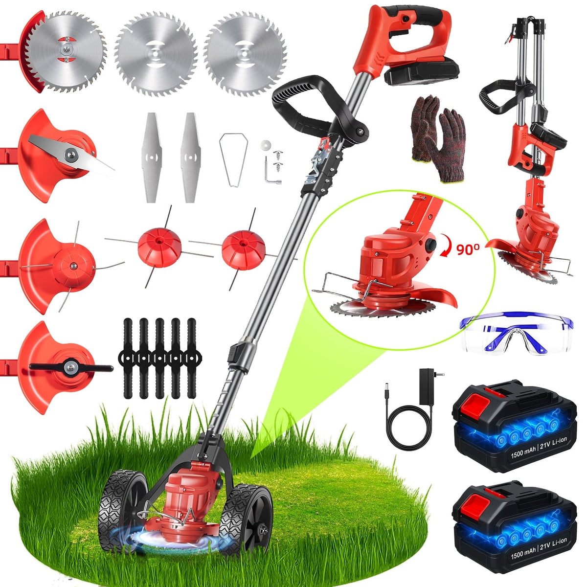 Cordless brush cutter with wheels: red wheeled trimmer batteries and blades.