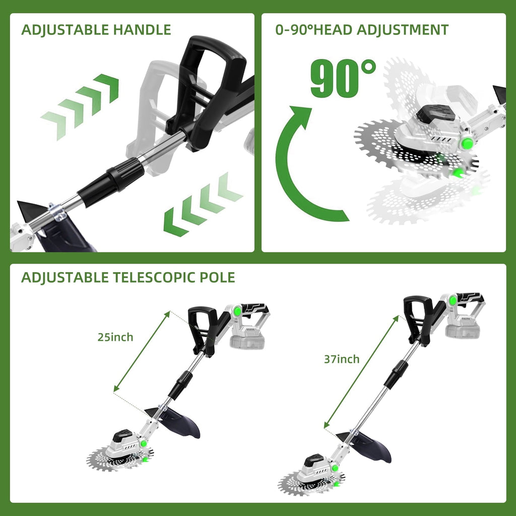 Brushless cordless trimmer: handle head and shaft adjustments.