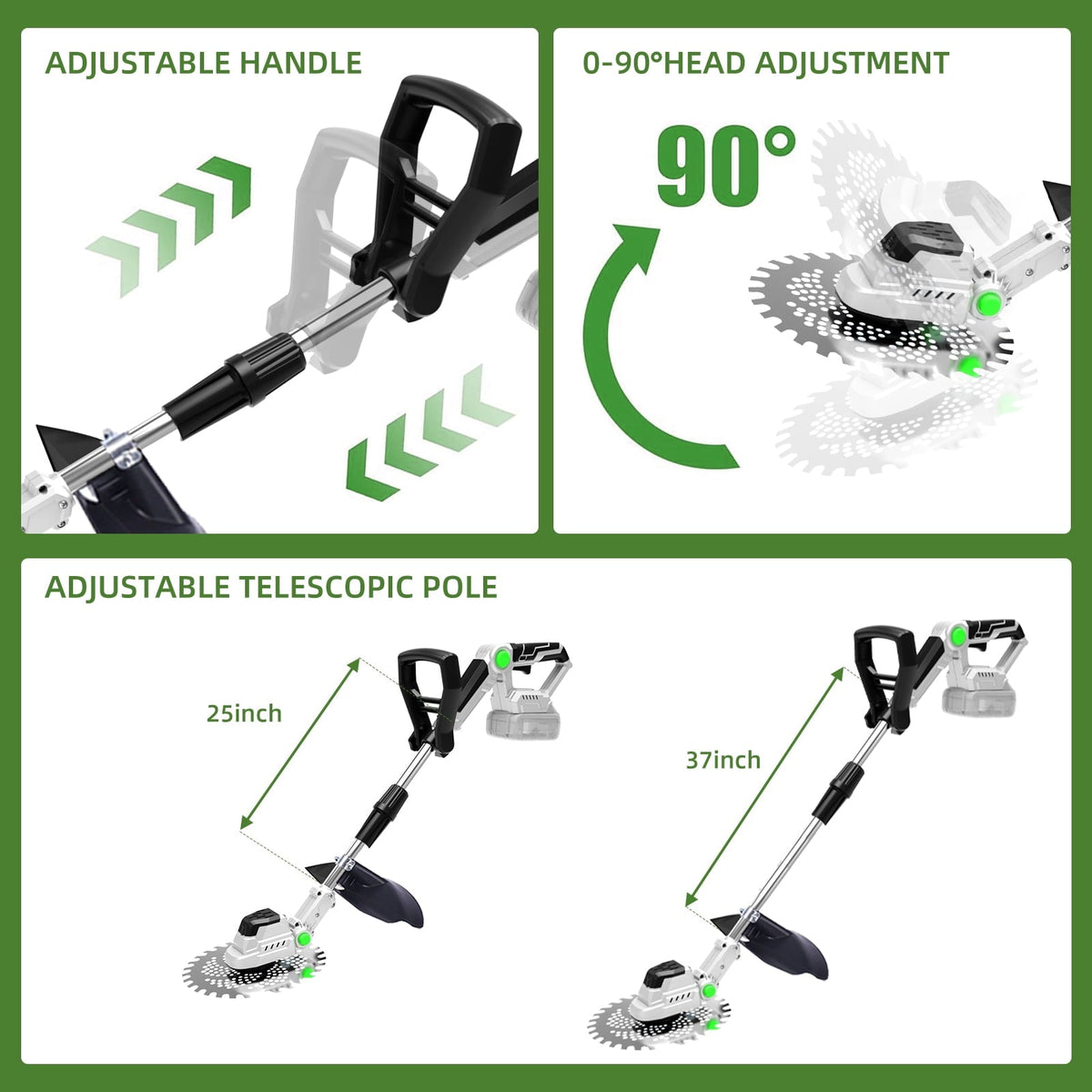 Brushless cordless trimmer: handle head and shaft adjustments.