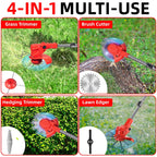 Foldable cordless brush cutter: trimming attachment application examples.