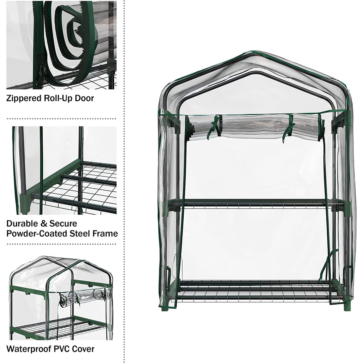 2 tier mini greenhouse: zip door steel frame and PVC cover details.