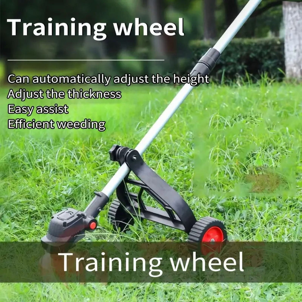String trimmer support wheels: wheel height adjustment example.