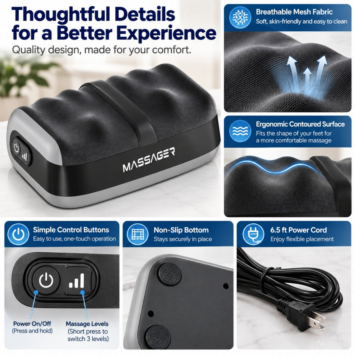 Shiatsu foot massager with heat: controls mesh foot pads and power cord.
