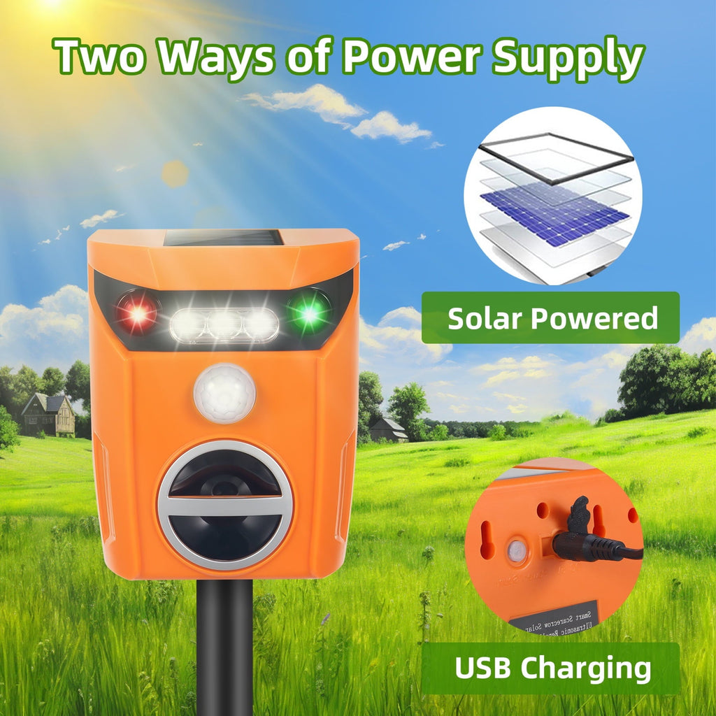 Solar ultrasonic animal repeller: solar and USB charging options.