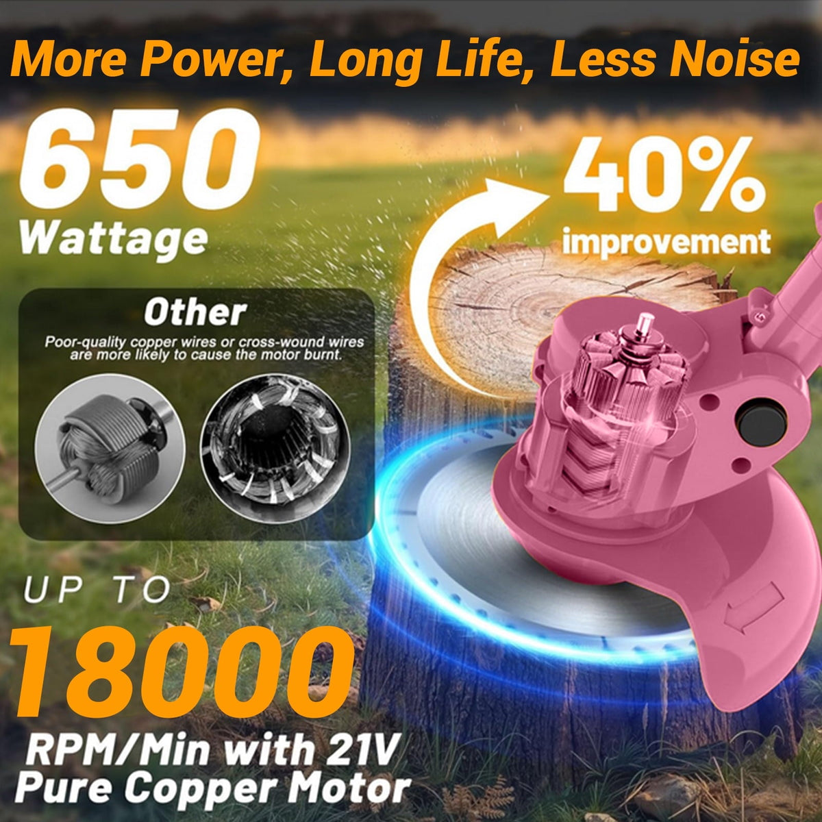 Pink wheeled grass trimmer: motor and cutting-head artwork.