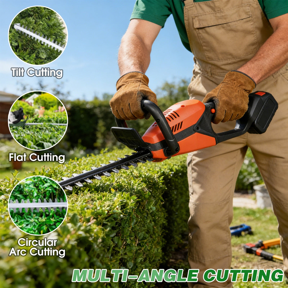 Cordless hedge trimmer: hedge trimming angles.