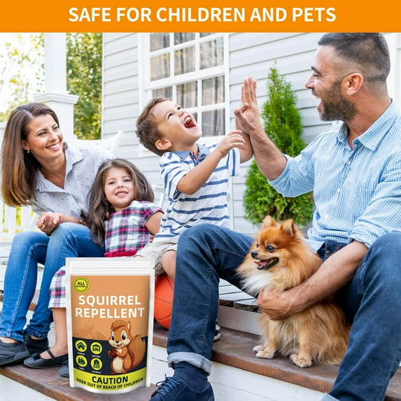 Squirrel repellent pouches: family and pet promotional artwork.