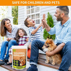 Squirrel repellent pouches: family and pet promotional artwork.