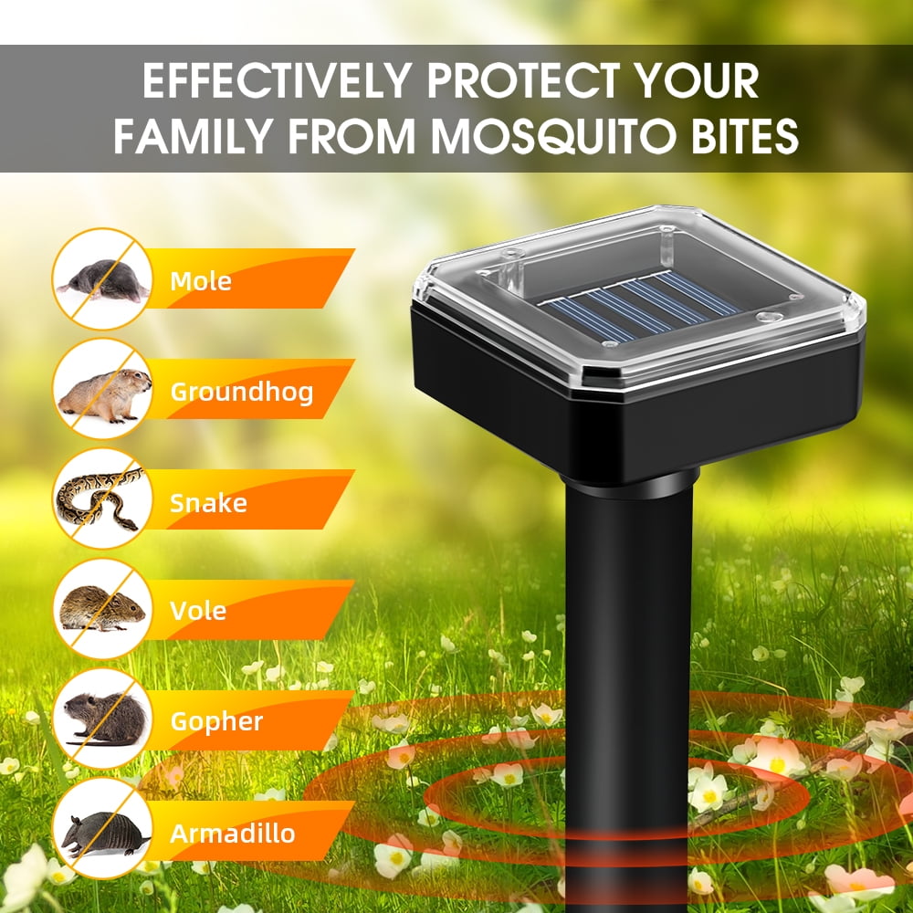 Solar vole deterrent stakes: stake and ground-pest promotional artwork.