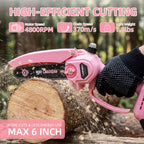 6 inch cordless mini chainsaw: mini chainsaw cutting a log.