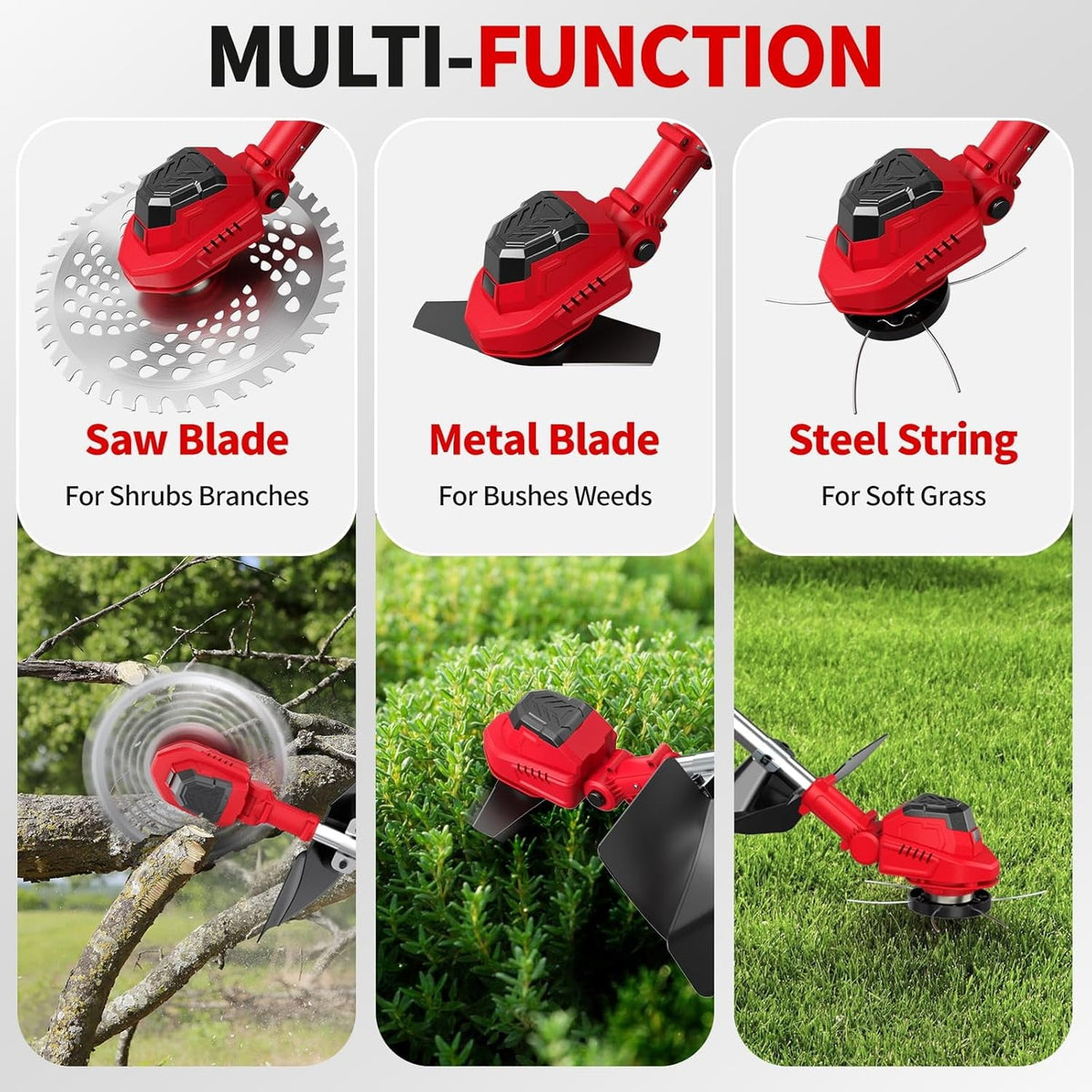 9 inch cordless string trimmer: saw metal and line cutting attachments.