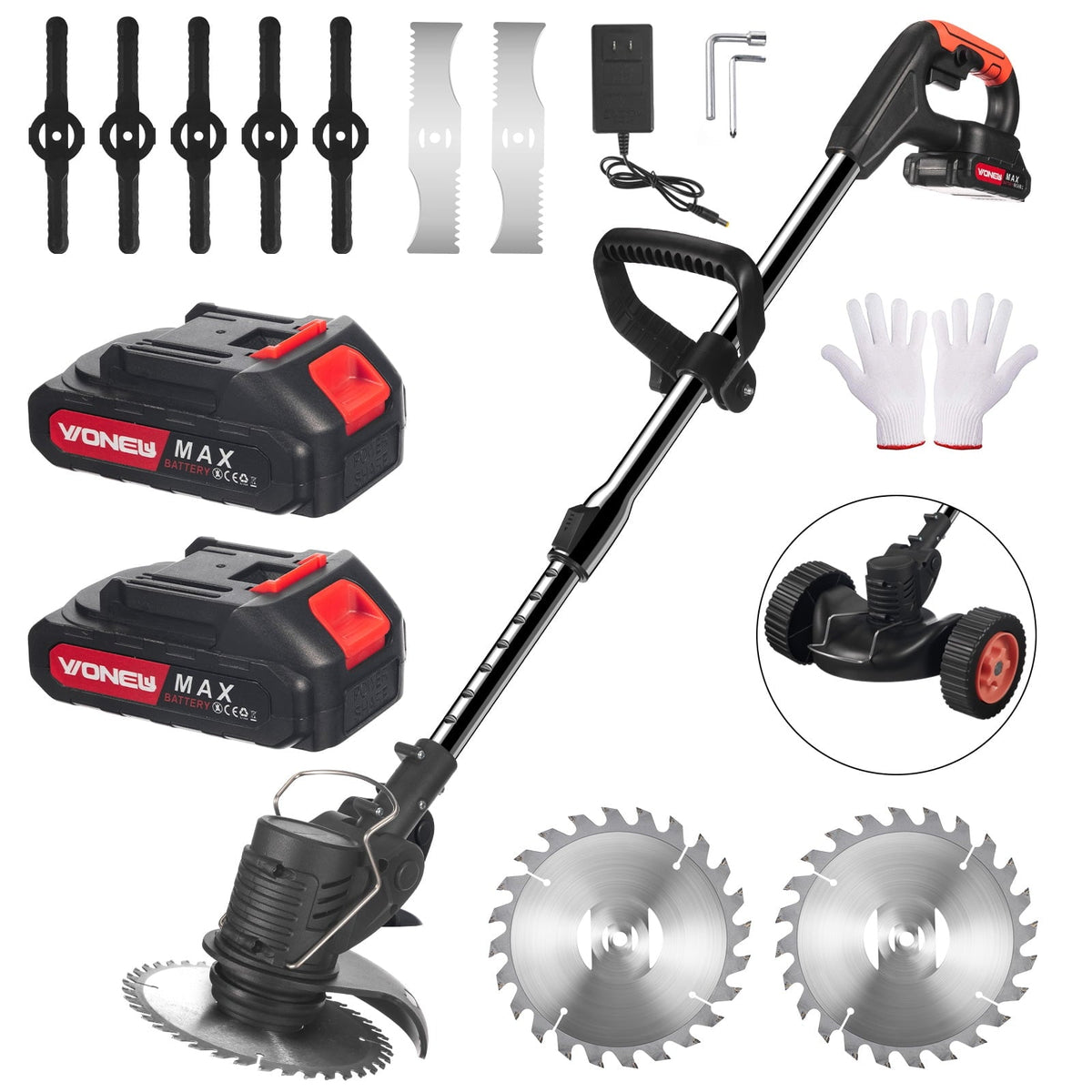 Cordless trimmer blade types: black wheeled trimmer batteries and blades.