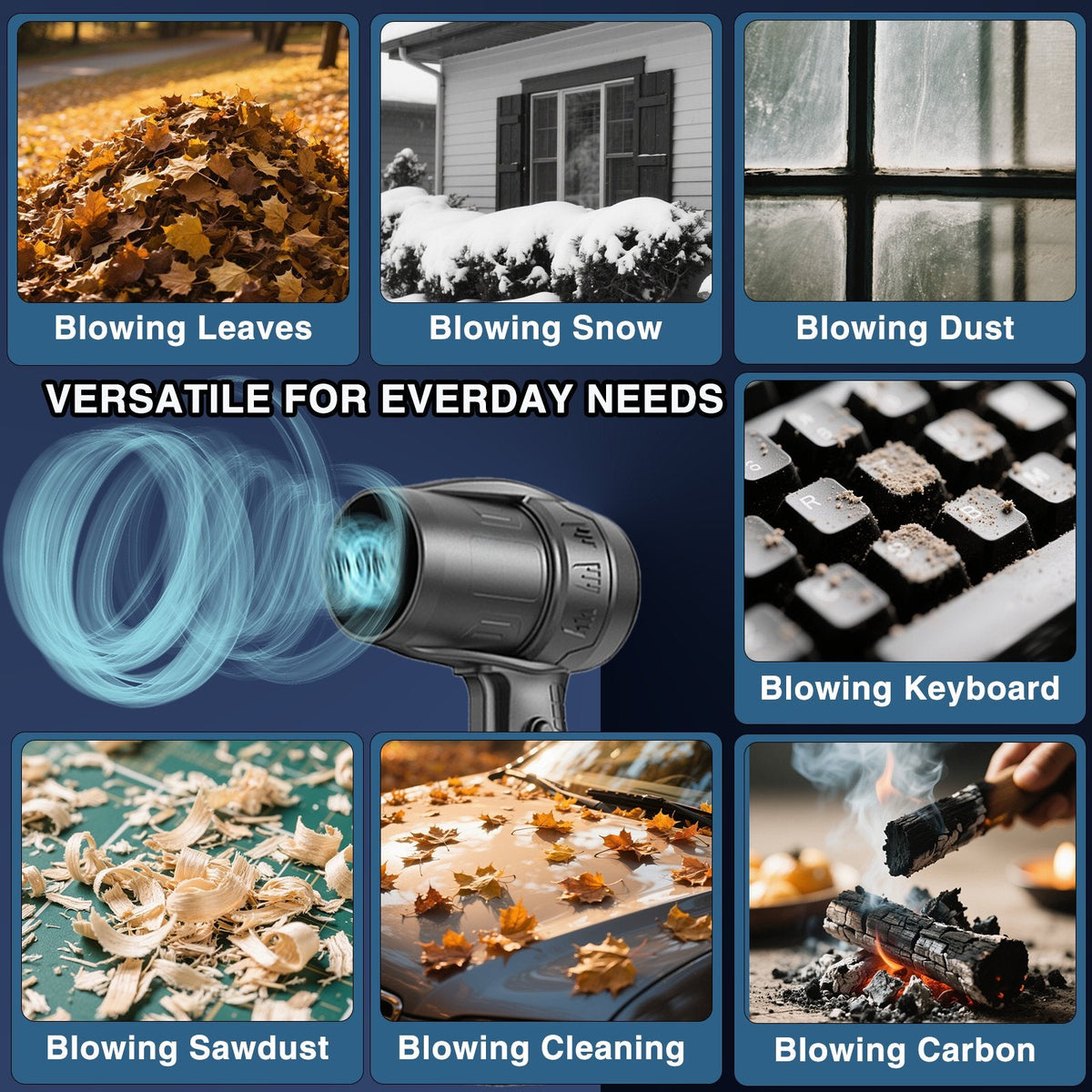 Black cordless leaf blower: blower application examples.