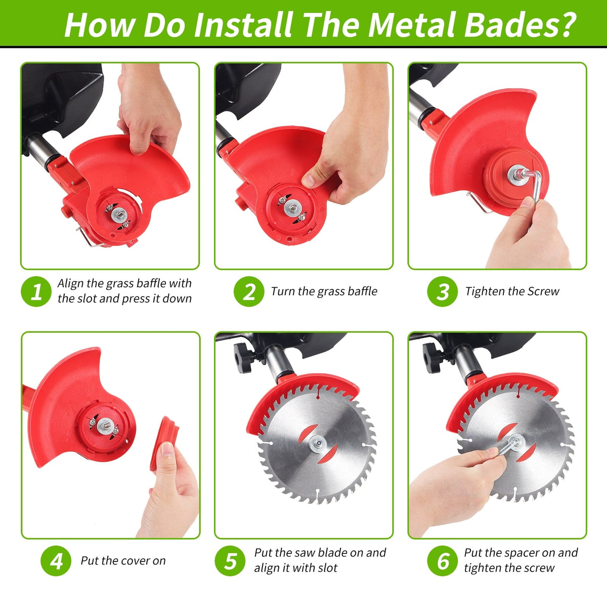 Cordless grass trimmer blade kit: metal blade installation steps.