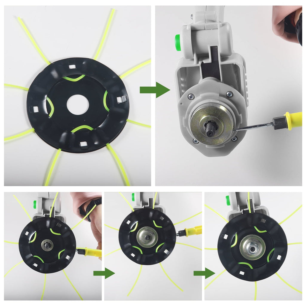 Brushless cordless trimmer: cutting-head attachment installation.
