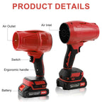 Red cordless leaf blower: labeled blower inlet outlet grip and switch.