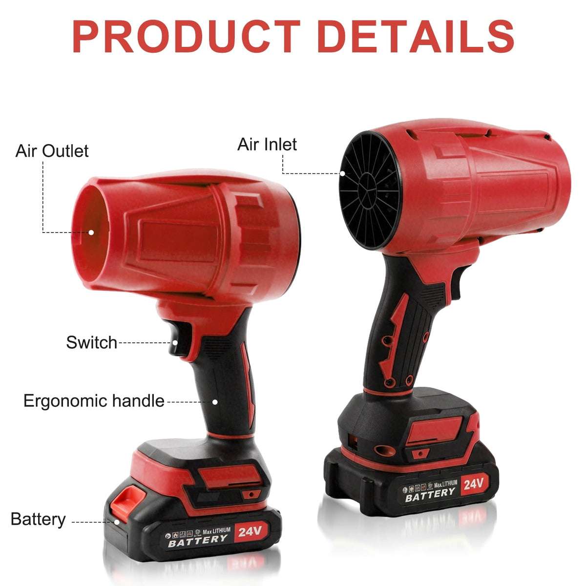 24v cordless leaf blower: blower air inlet outlet switch and grip.