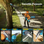 Cordless pole saw: pruning and wood-cutting examples.