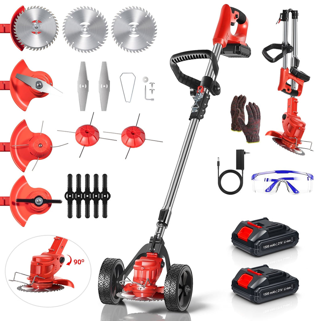 Wheeled grass trimmer: red wheeled trimmer blade and battery kit.
