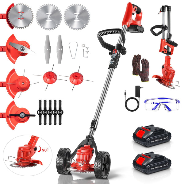 Cordless String Trimmer & Edger with Wheels, 2 Batteries, Red
