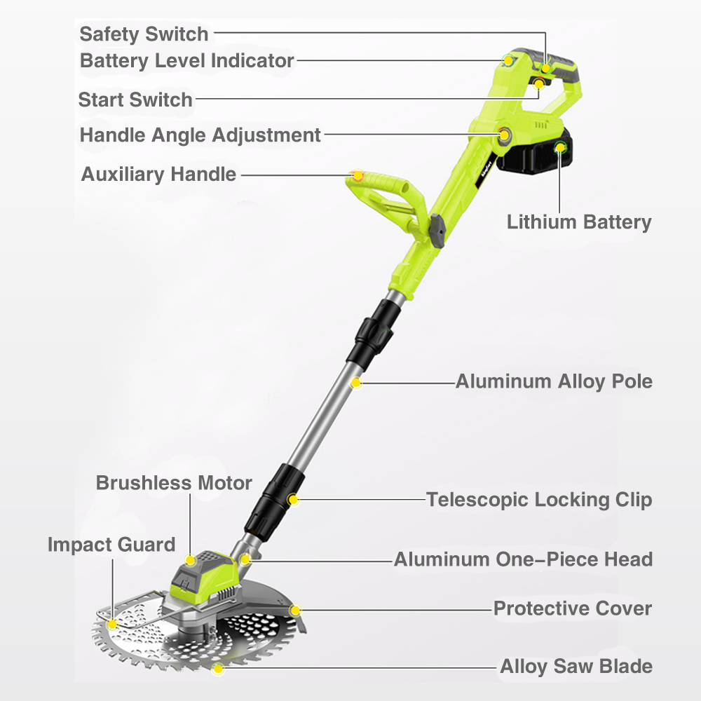 Cordless trimmer with pivoting head: labeled trimmer controls and shaft.