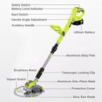 Cordless trimmer with pivoting head: labeled trimmer controls and shaft.