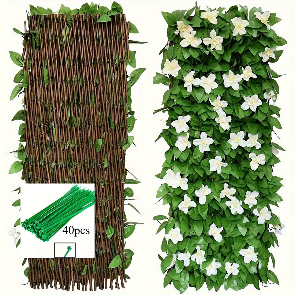 Expandable ivy privacy fence: folded and expanded screen with cable ties.