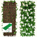 Expandable ivy privacy fence: folded and expanded screen with cable ties.