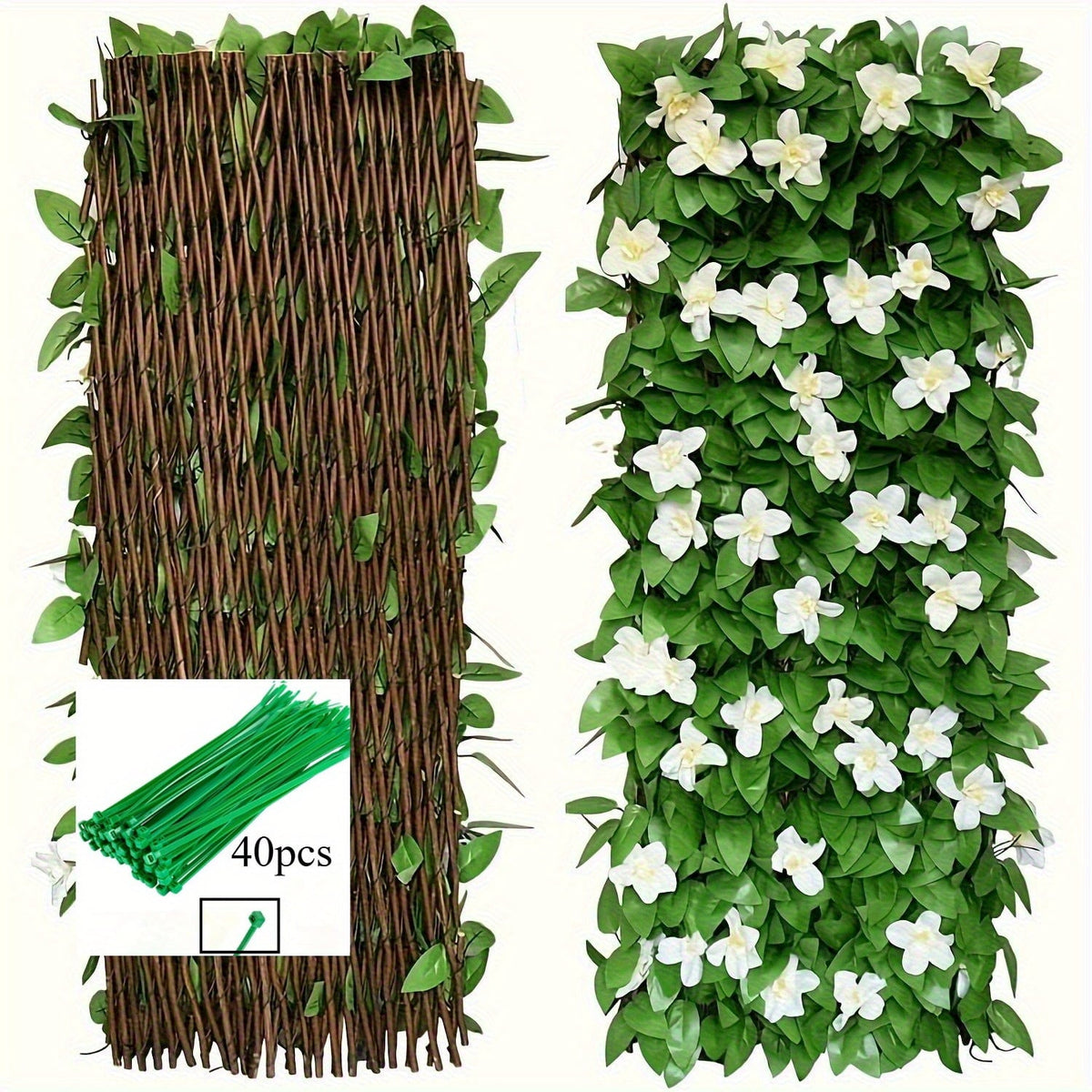 Expandable ivy privacy fence: folded and expanded screen with cable ties.