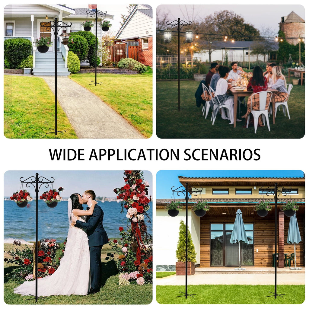108 inch shepherds hook: garden and patio placement examples.
