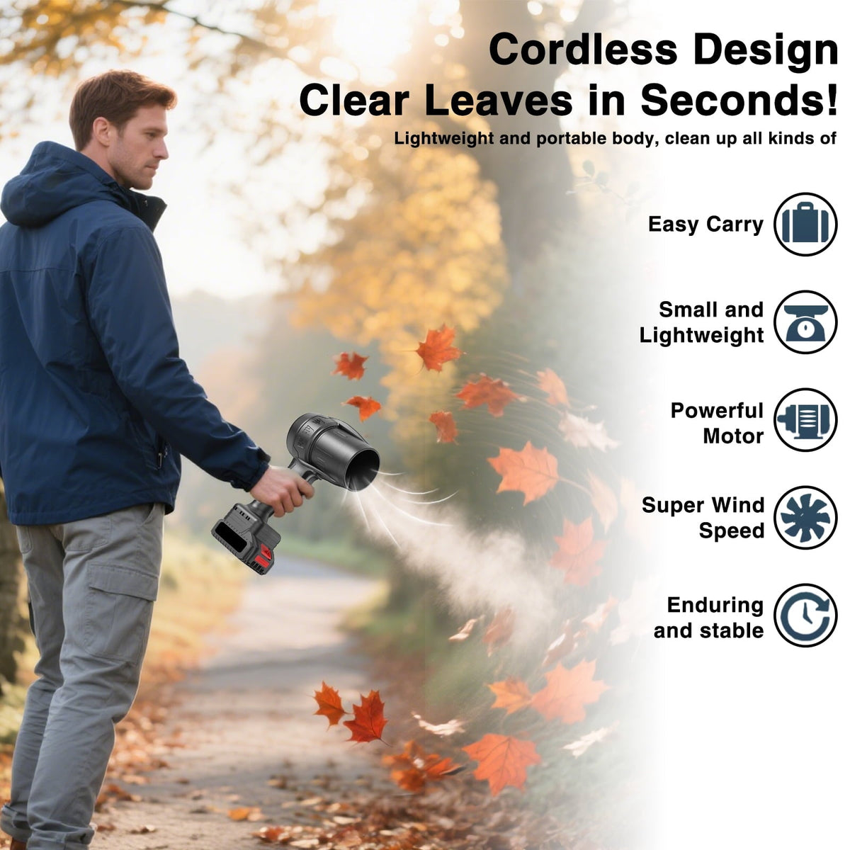 Black cordless leaf blower: handheld blower outdoor use.