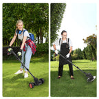 Cordless grass trimmer with wheels: operators using trimmer outdoors.