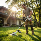 Brushless cordless trimmer: operator trimming a lawn.