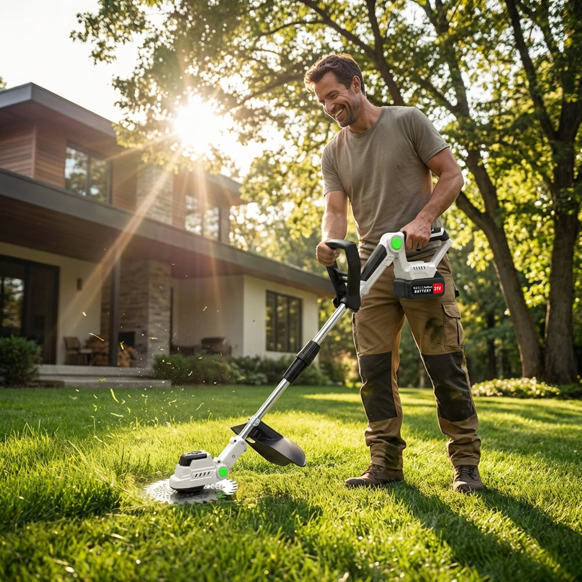 Brushless cordless trimmer: operator trimming a lawn.