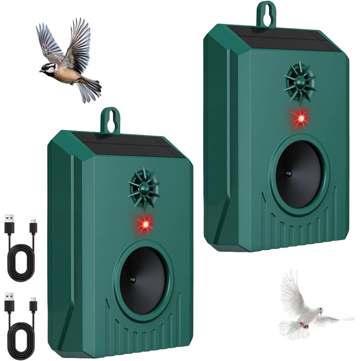 Solar bird deterrent: two green bird deterrents and USB cables.