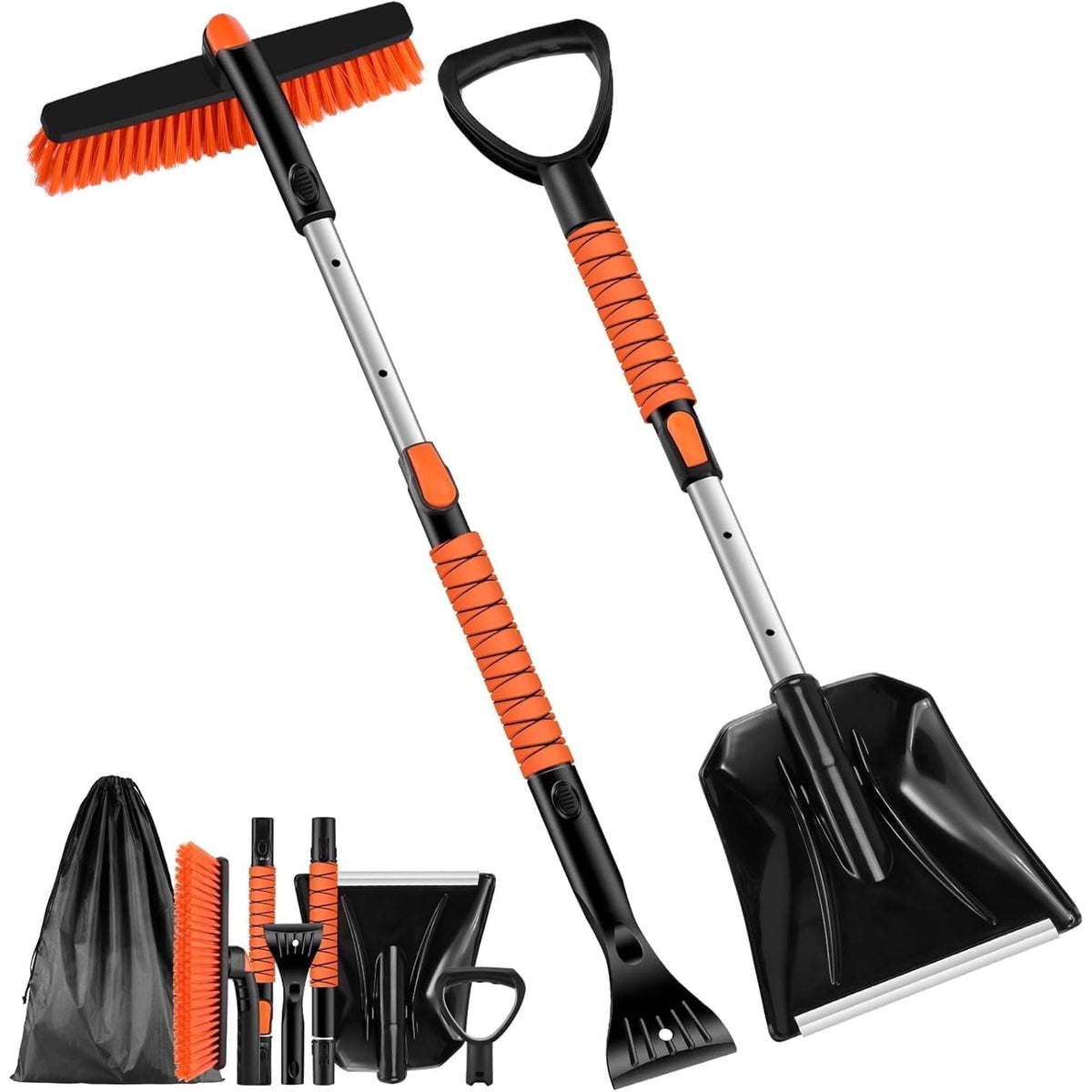 Snow brush and shovel set: orange snow brush shovel and storage bag.