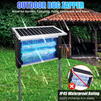 Solar bug zapper with stand: zapper on freestanding bracket.