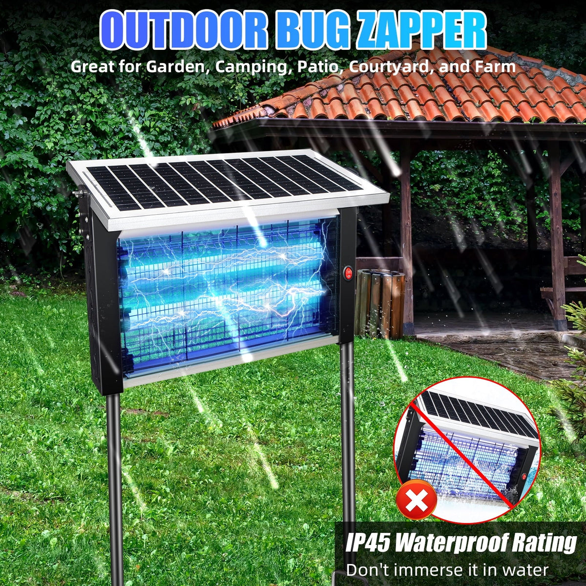 Solar bug zapper with stand: zapper on freestanding bracket.