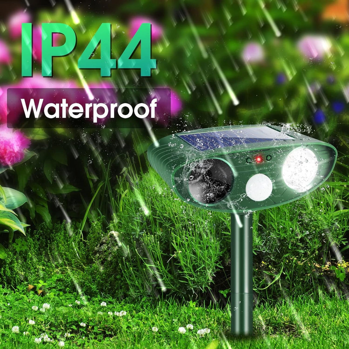 Solar strobe animal repeller: repeller in rain artwork.