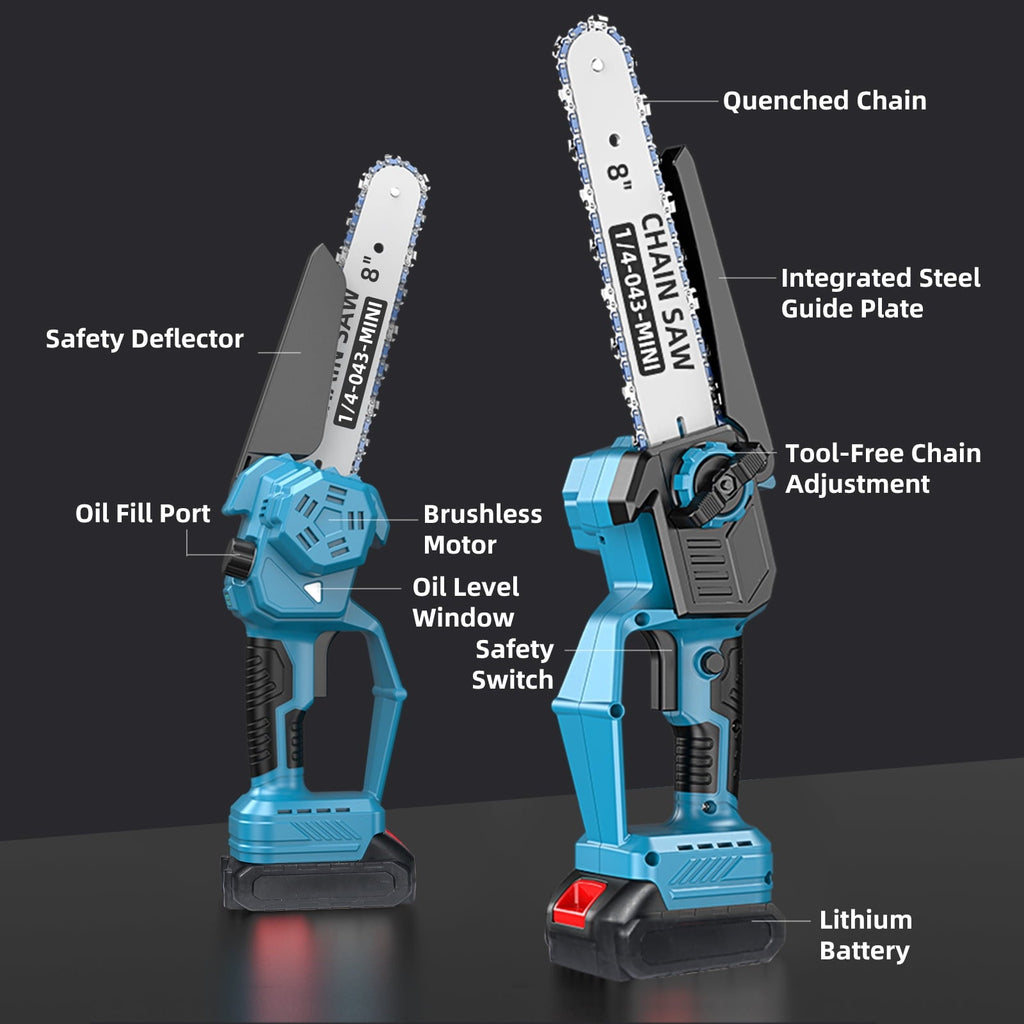 Blue cordless mini chainsaw: labeled saw controls oil port and guard.