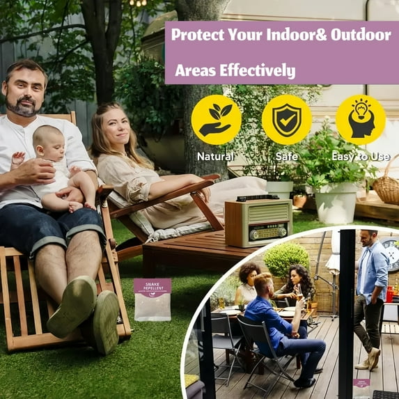 Snake repellent pouches: indoor and outdoor placement illustration.